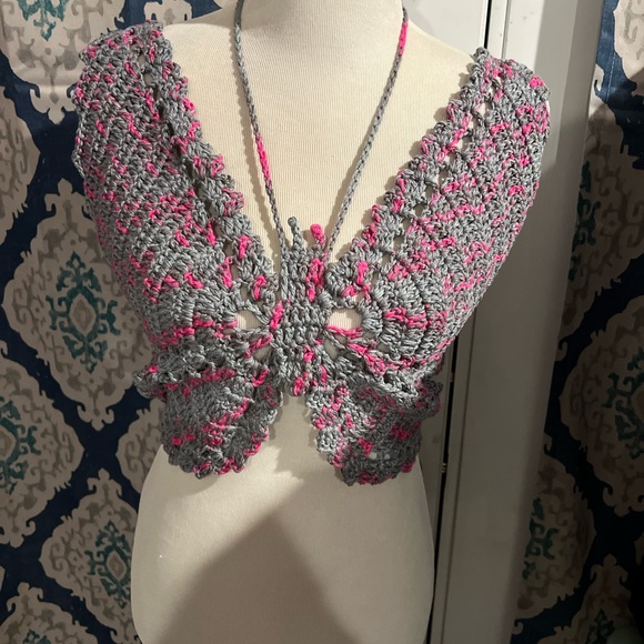 Gray and Pink Crochet Butterfly Top - Picture 3 of 3